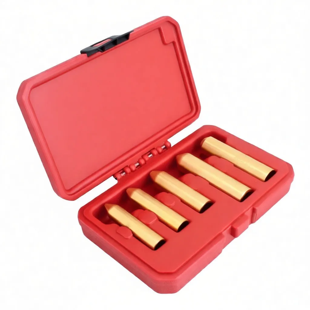 Angled perspective of a red case with five gold-colored tapered installation sockets seated in labeled molded recesses and a black latch visible.