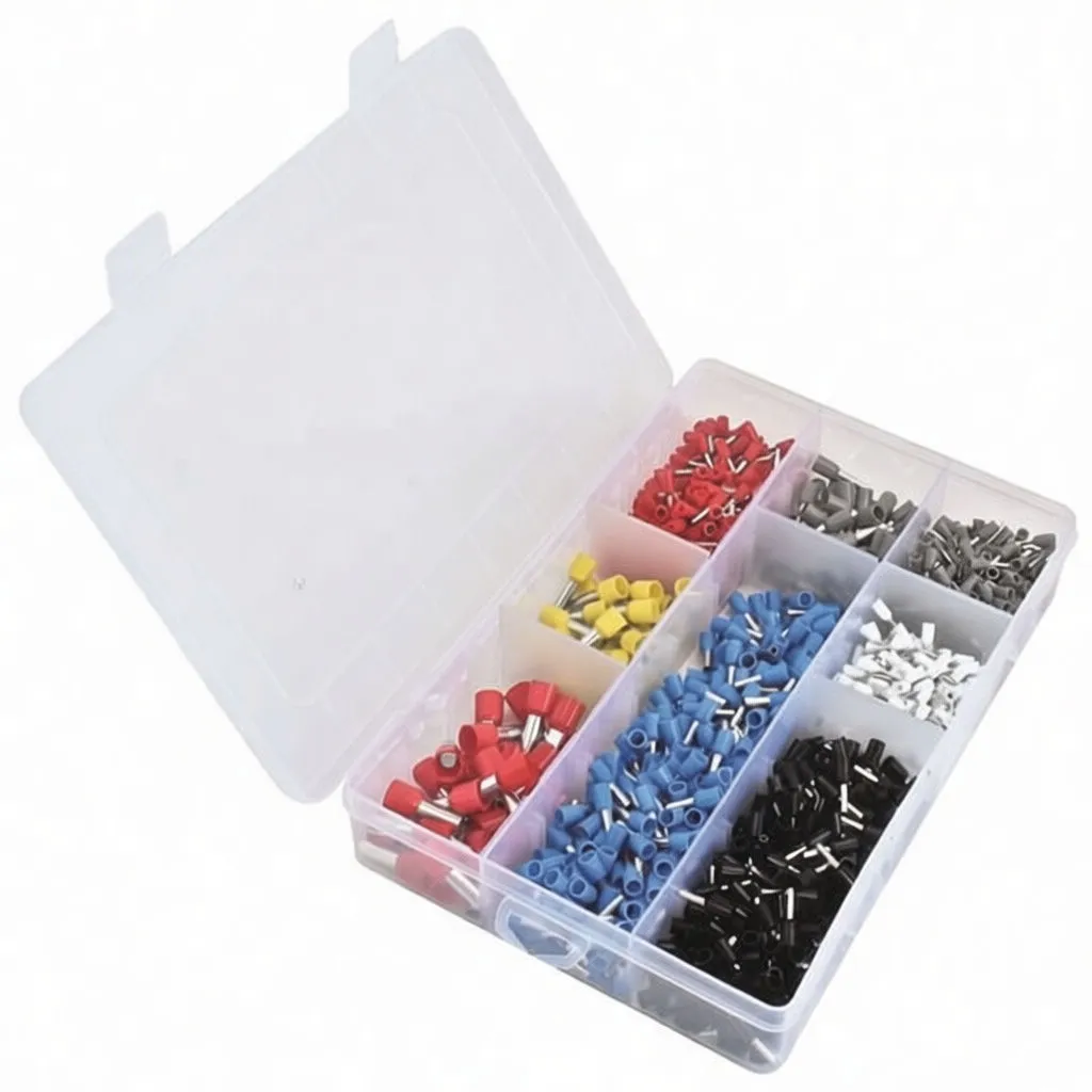 Open translucent case with sorted insulated cord end terminals visible in compartment dividers.