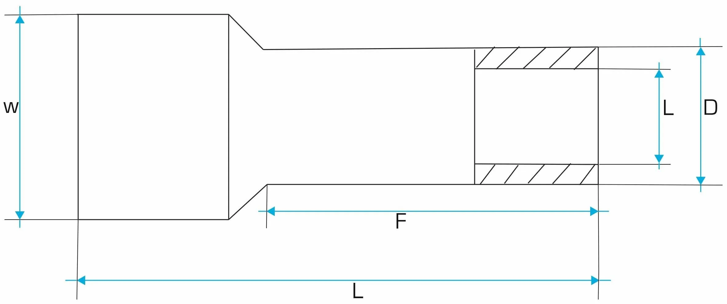 Dimensional schematic drawing of an insulated cord terminal with labels for overall length, barrel length, diameters and insulation width