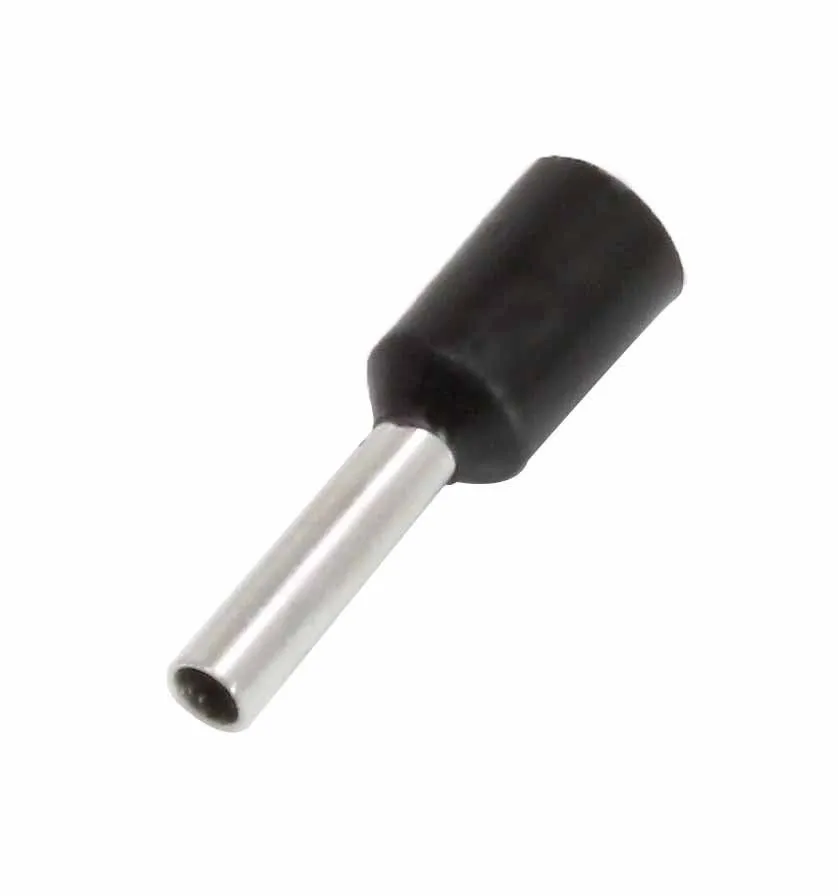 Close-up of one black insulated ferrule showing metal tube and black plastic insulation