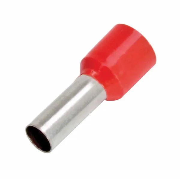 Close-up of one red insulated metal tubular ferrule (cord terminal)