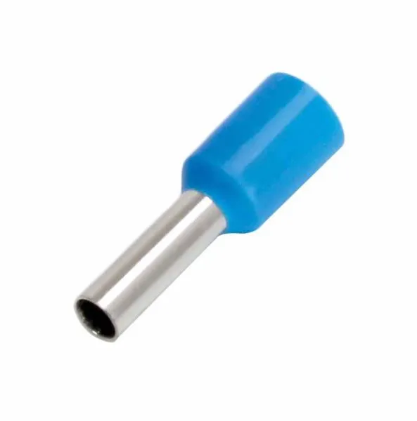 Close-up of one blue insulated ferrule showing metal tube and blue plastic collar