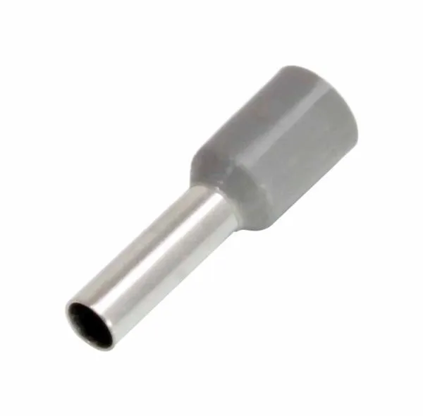 Close-up of one grey insulated cord terminal showing metal tube and grey insulation