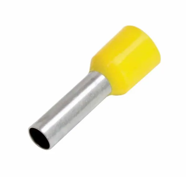 Close-up of a single yellow insulated wire ferrule showing metal tube and yellow plastic sleeve
