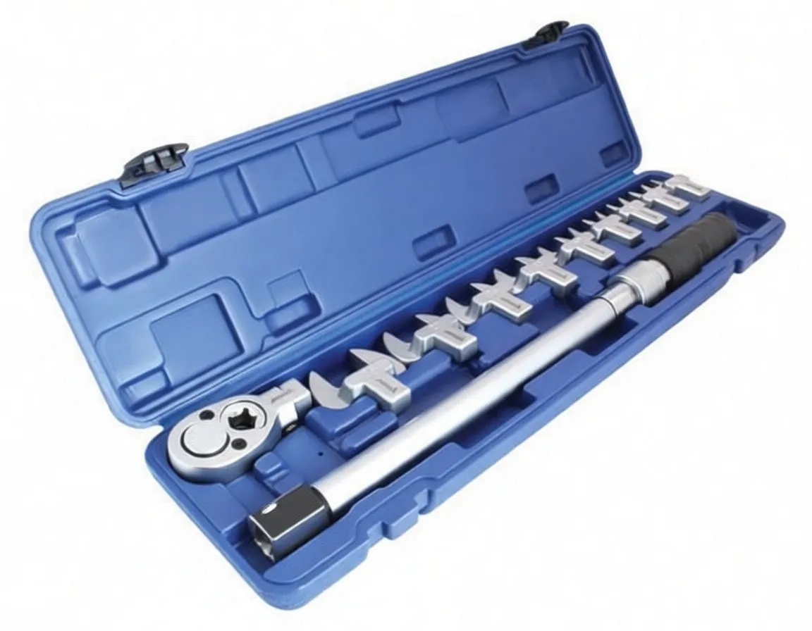 Angled view of blue plastic case open to show torque wrench, ratchet head and ten interchangeable heads