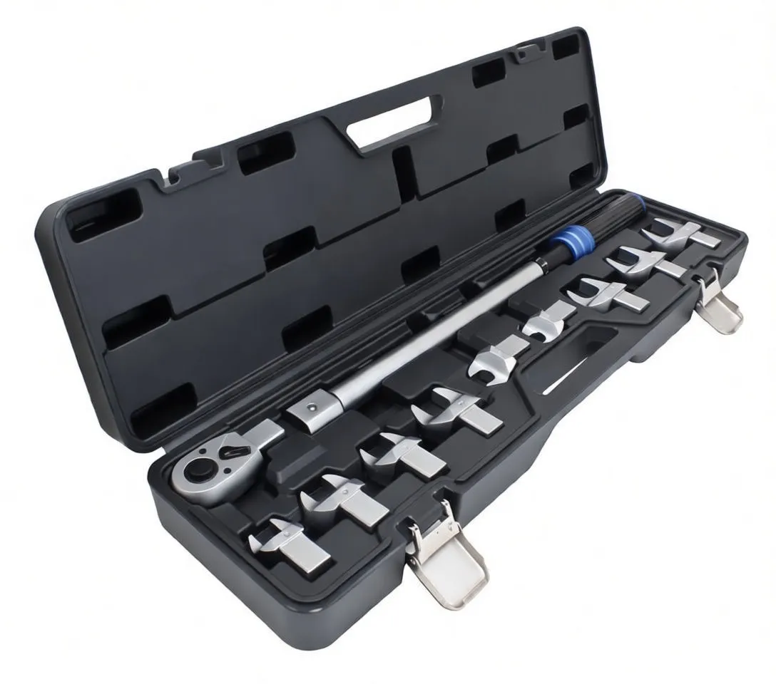 Close-up views of the ratchet head square drive and torque adjustment scale with the full wrench and heads