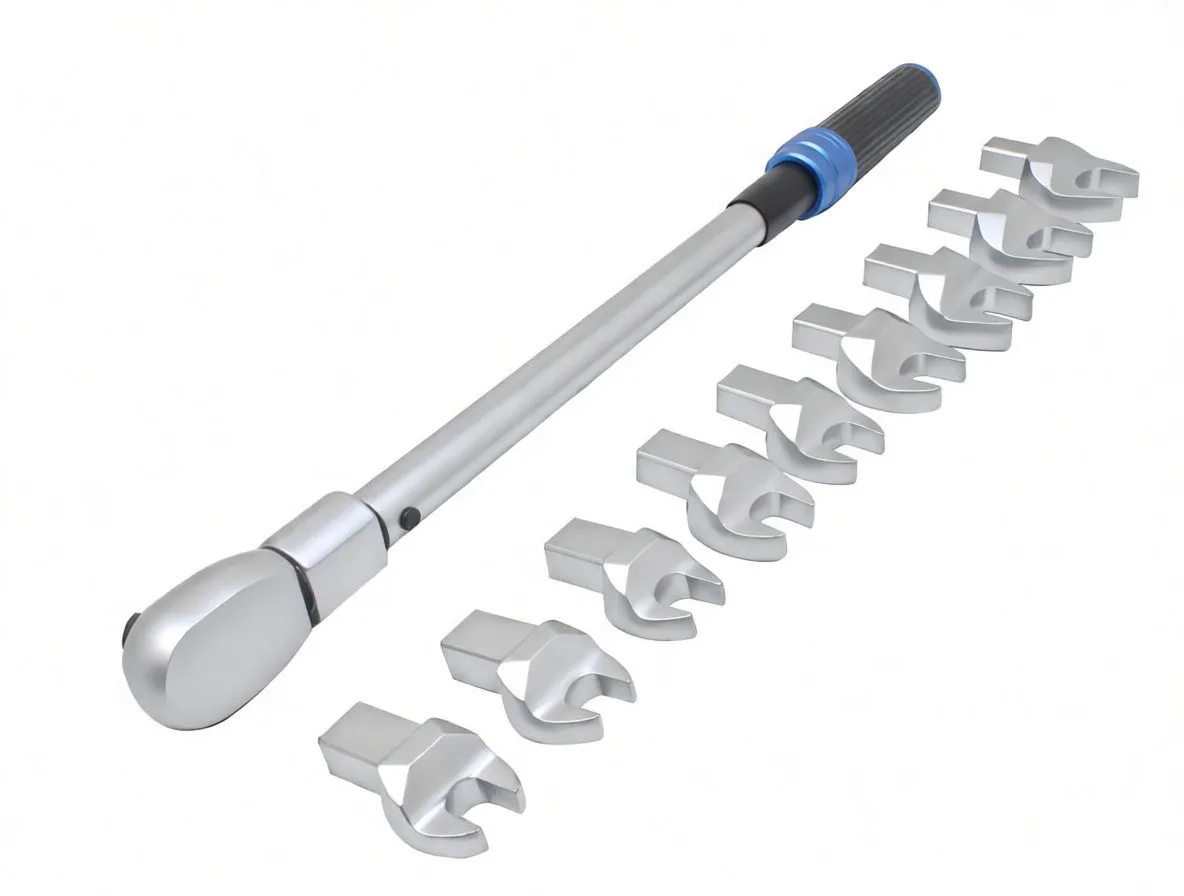 Angled view of torque wrench showing shaft markings, blue collar and multiple spanner heads
