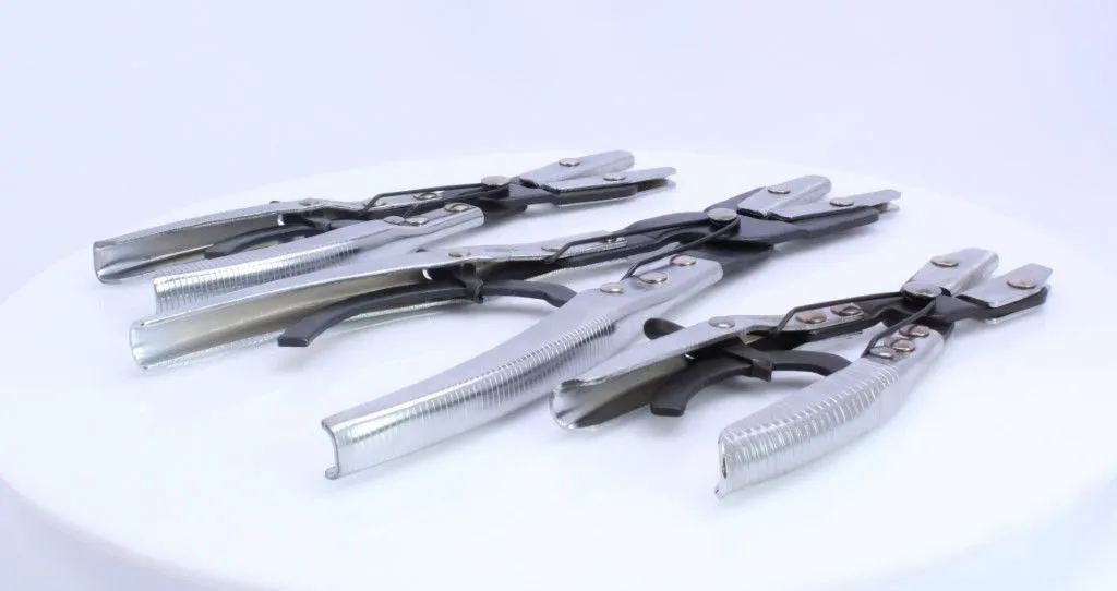 Side view of three pliers emphasizing ribbed handles, pivot springs and rectangular jaw plates