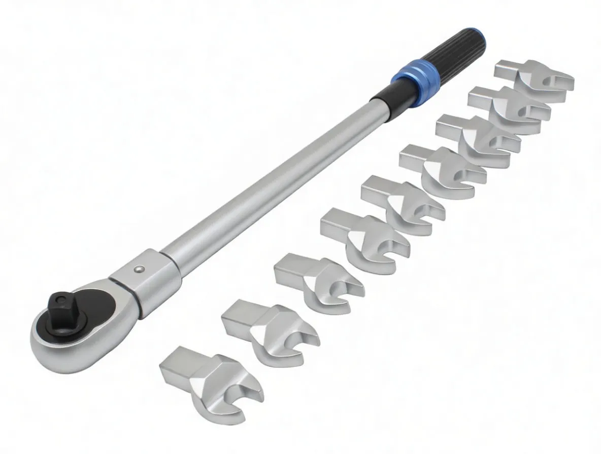 Diagonal composition of torque wrench and scattered interchangeable open heads showing square drive