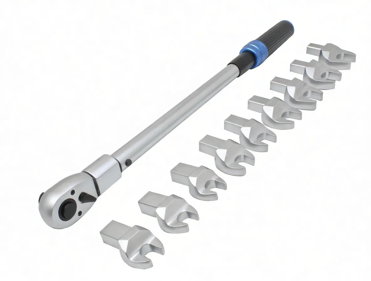 Torque wrench with ratchet head and row of open spanner heads on white background