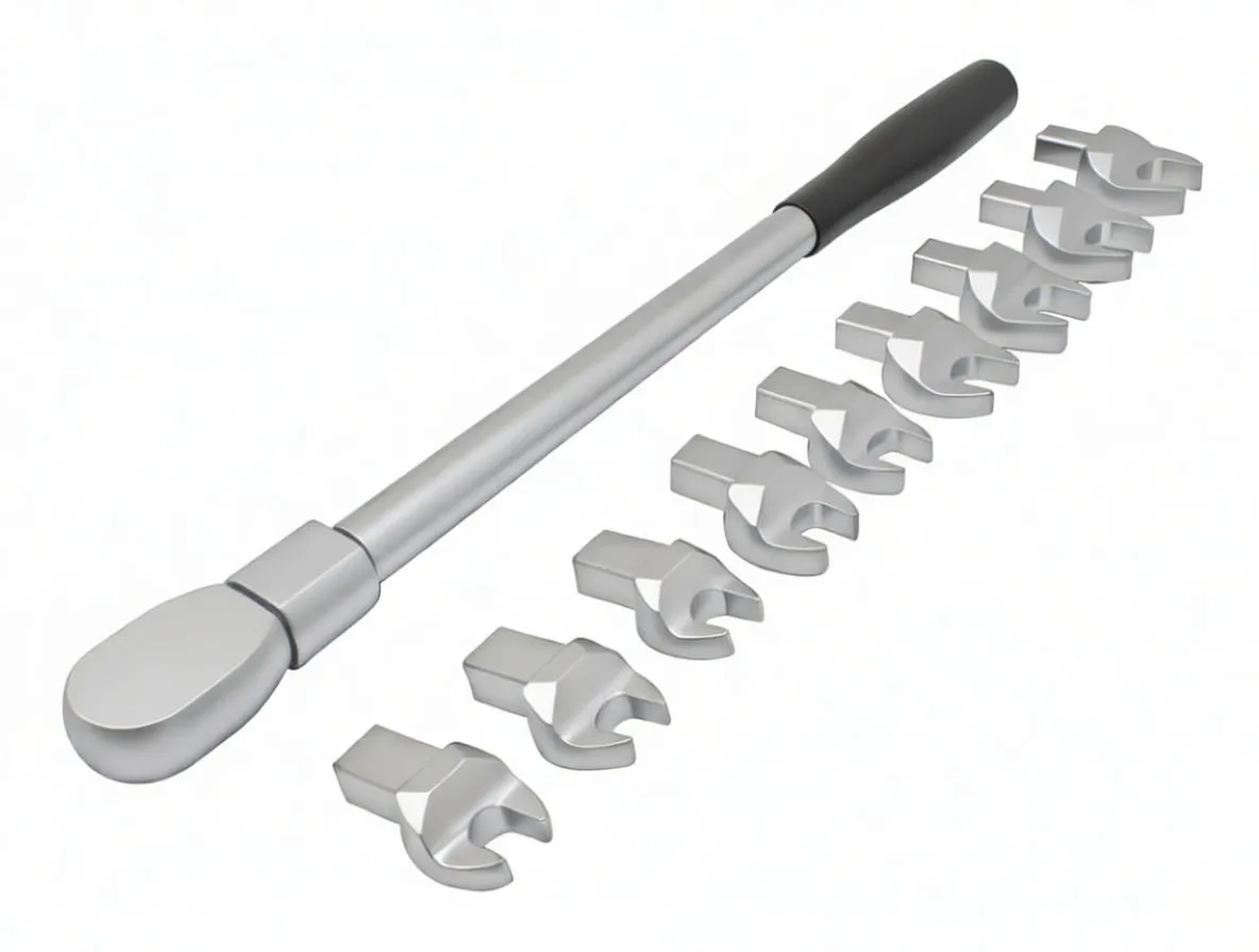 Top view of open case with torque wrench and ten interchangeable spanner heads