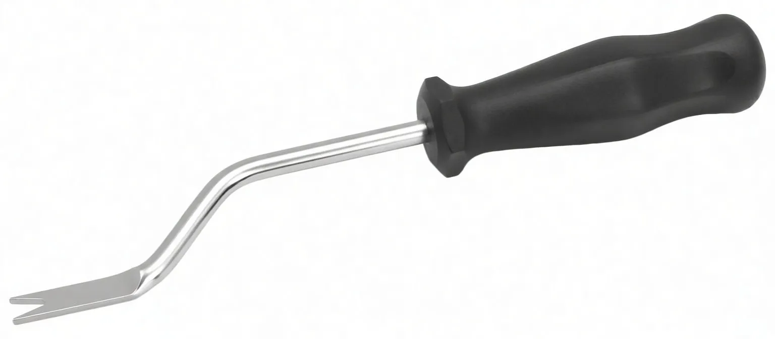 Full view of chrome angled pry tool with two-prong fork tip and black ergonomic handle