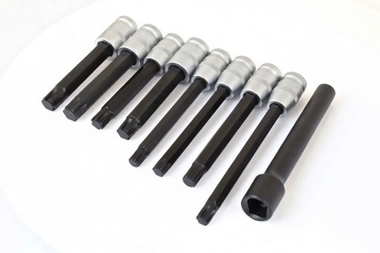 Eight long black socket bits with silver collars and one black extension adapter displayed in a row on a white surface, showing spline-style tips and a female hex drive.