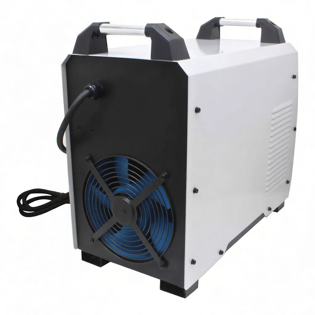 Accessories laid out: welding helmet, brush, air regulator gauge, red-handled torch cable and ground clamp