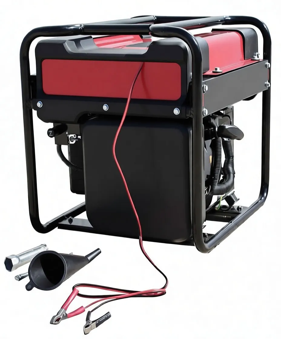 Rear of saTra inverter generator showing exhaust grille, vented cover, warning strip and accessories laid out