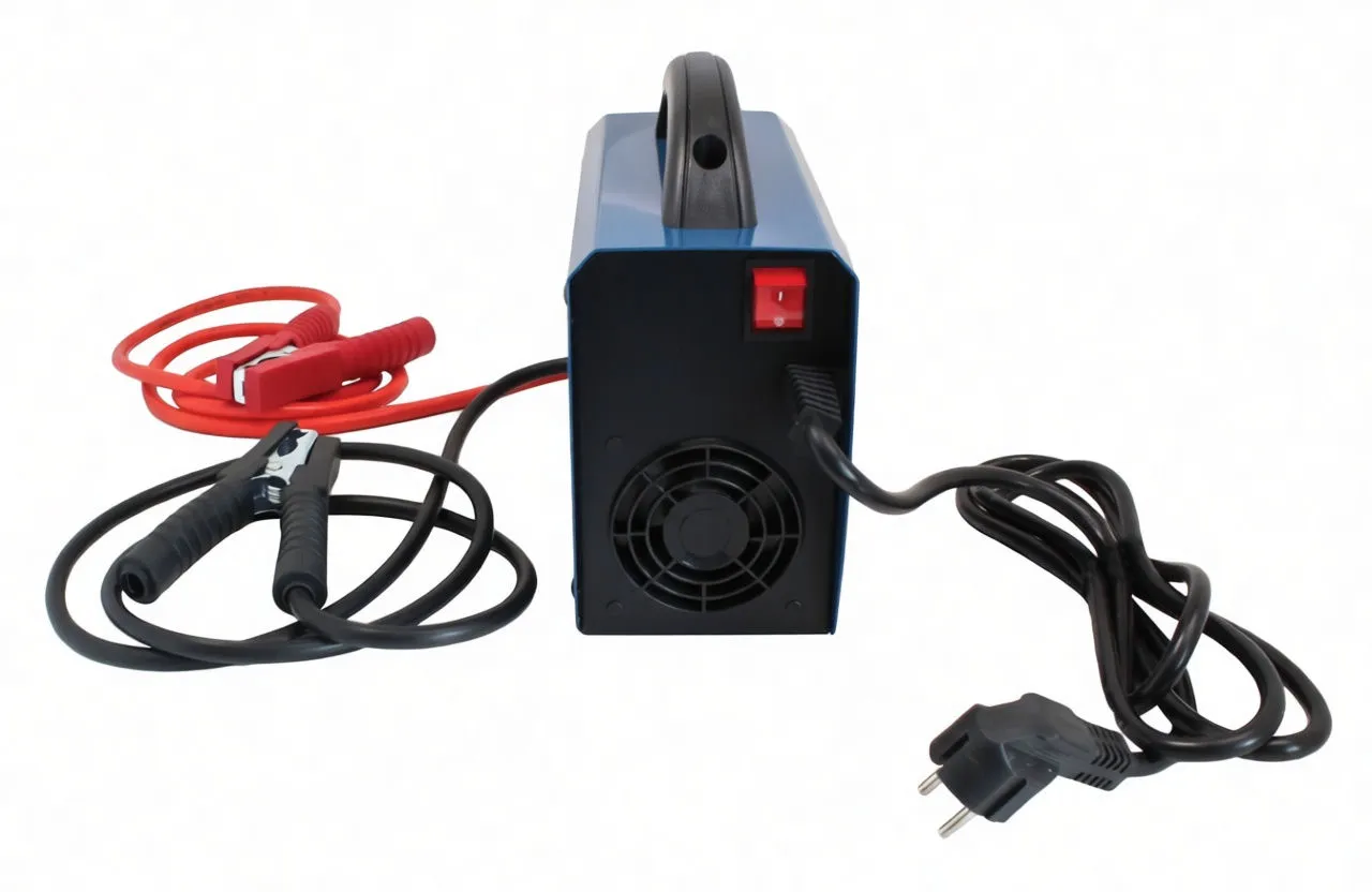 Back view of jump starter/charger showing fan grill, studs for cables, red ON/OFF rocker switch, AC 1-230V text and mains plug.