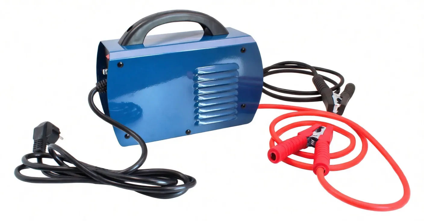 Side view of blue metal inverter jump starter/charger showing ventilation slots, brand sticker with graphic, coiled mains cord and red/black clamps.