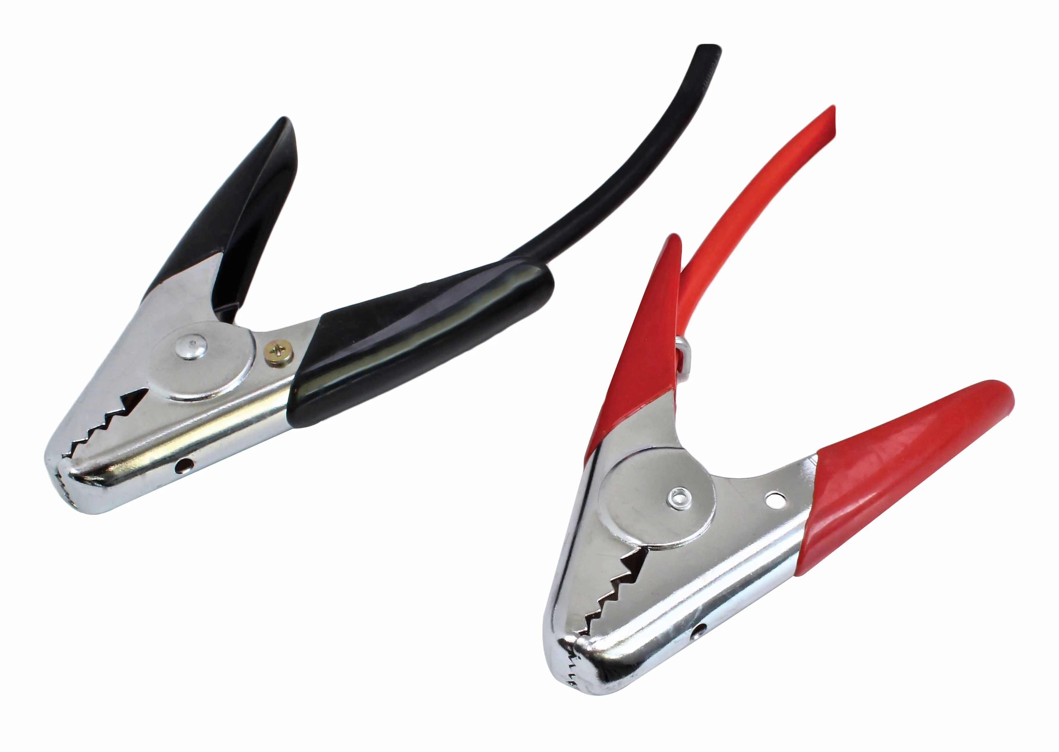 Close-up of red and black alligator jumper clamps with chrome jaws and thick cables.