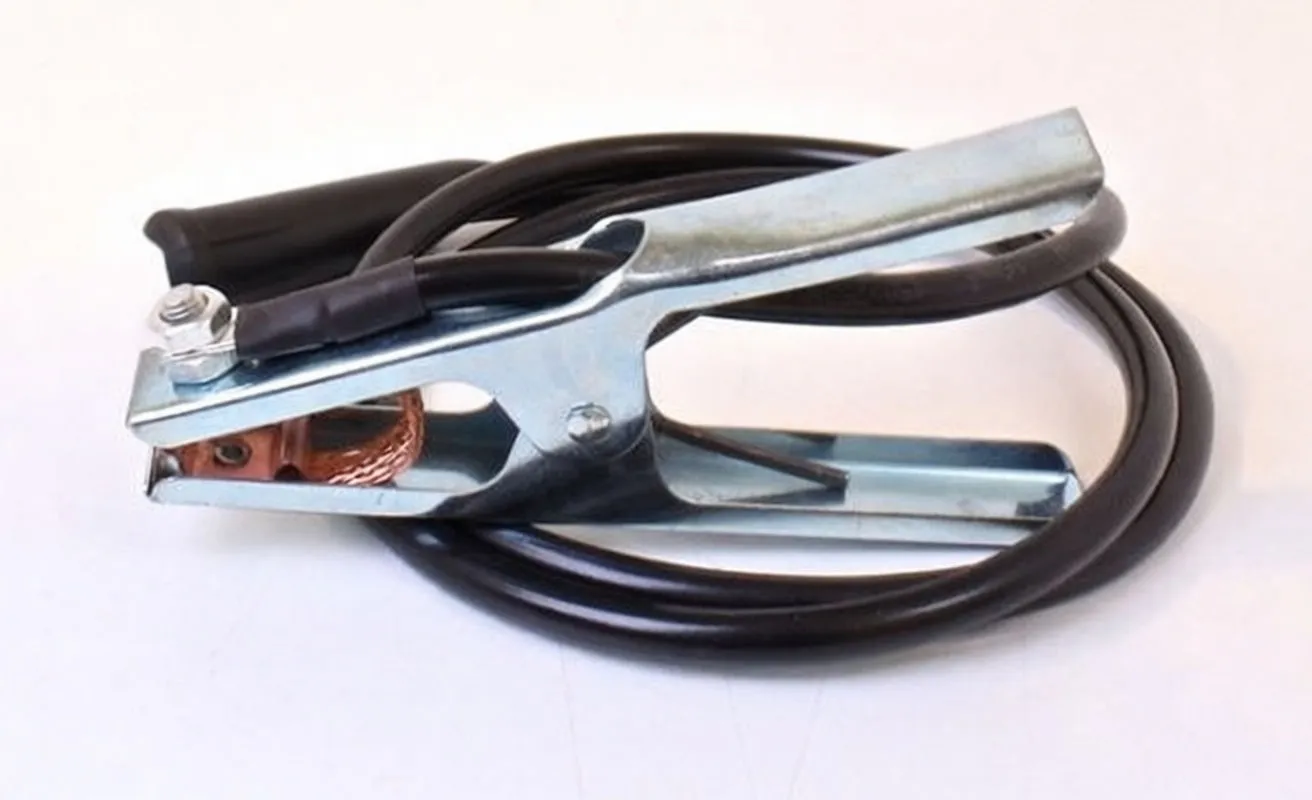 metal grounding clamp with braided copper connection and black coiled cable