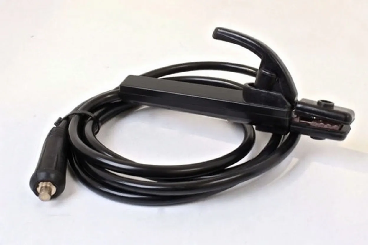 black electrode holder with lever clamp, copper contacts and coiled cable with plug
