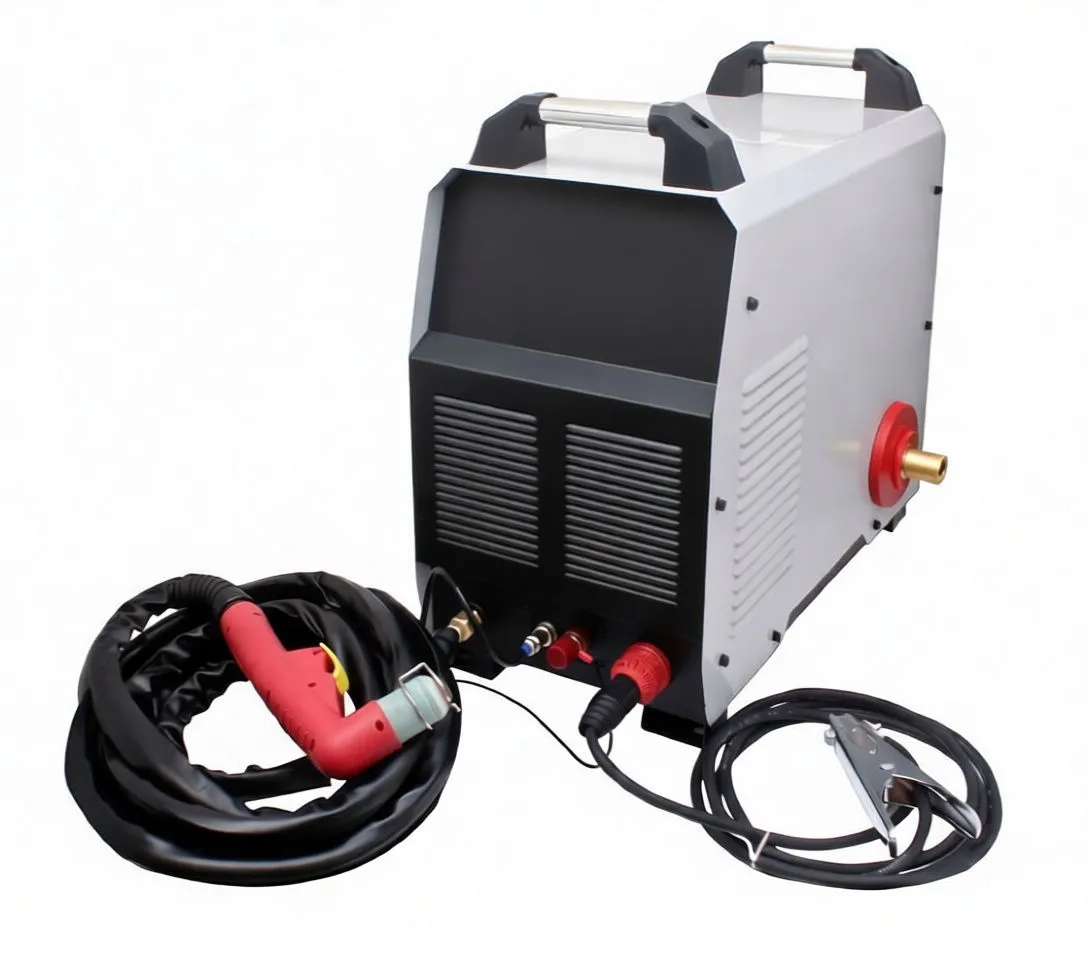 Close-up front of plasma cutter showing saTra branding, digital meter, rotary knob and front connectors