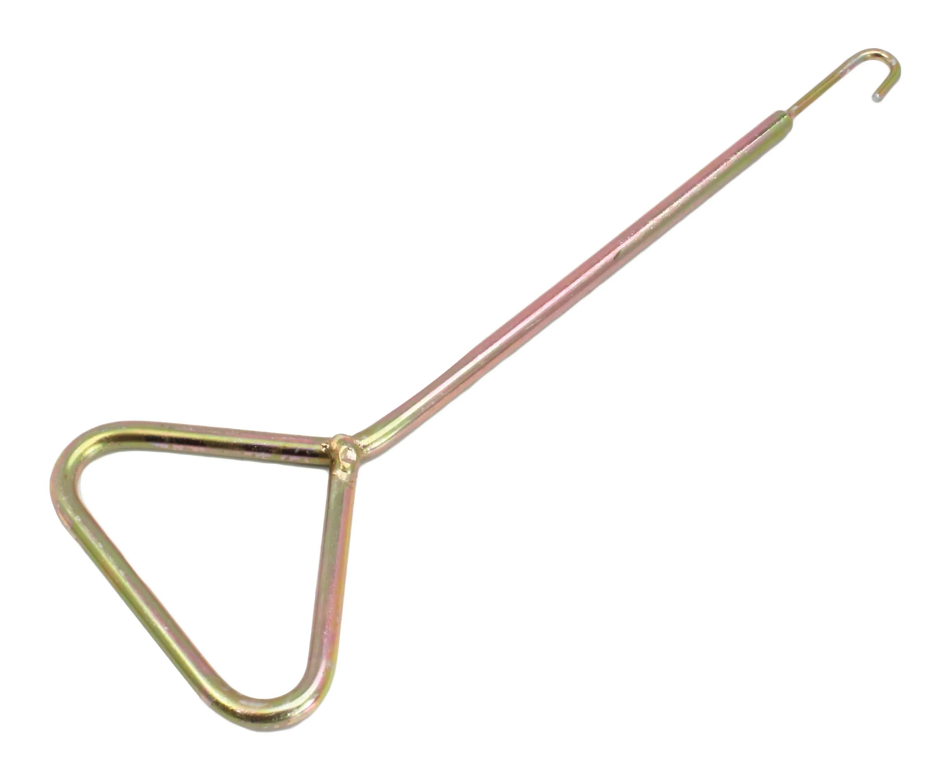 Angled shot of a gold-toned spring hook with triangle handle and J-shaped hook on white background