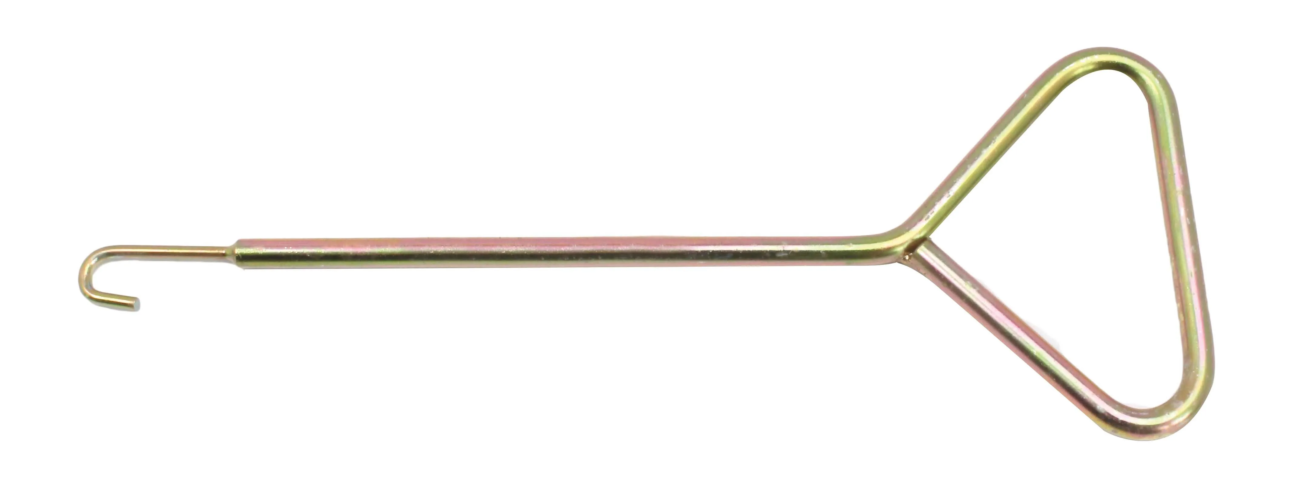 Horizontal full-length view of a plated metal spring hook with triangular handle and small J-hook on white background