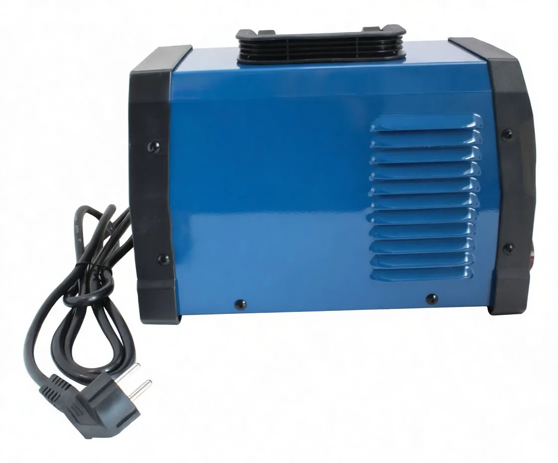 Side view of blue saTra S-MORAY200 unit showing logo decal, ventilation louvers, carry handle and coiled power cord