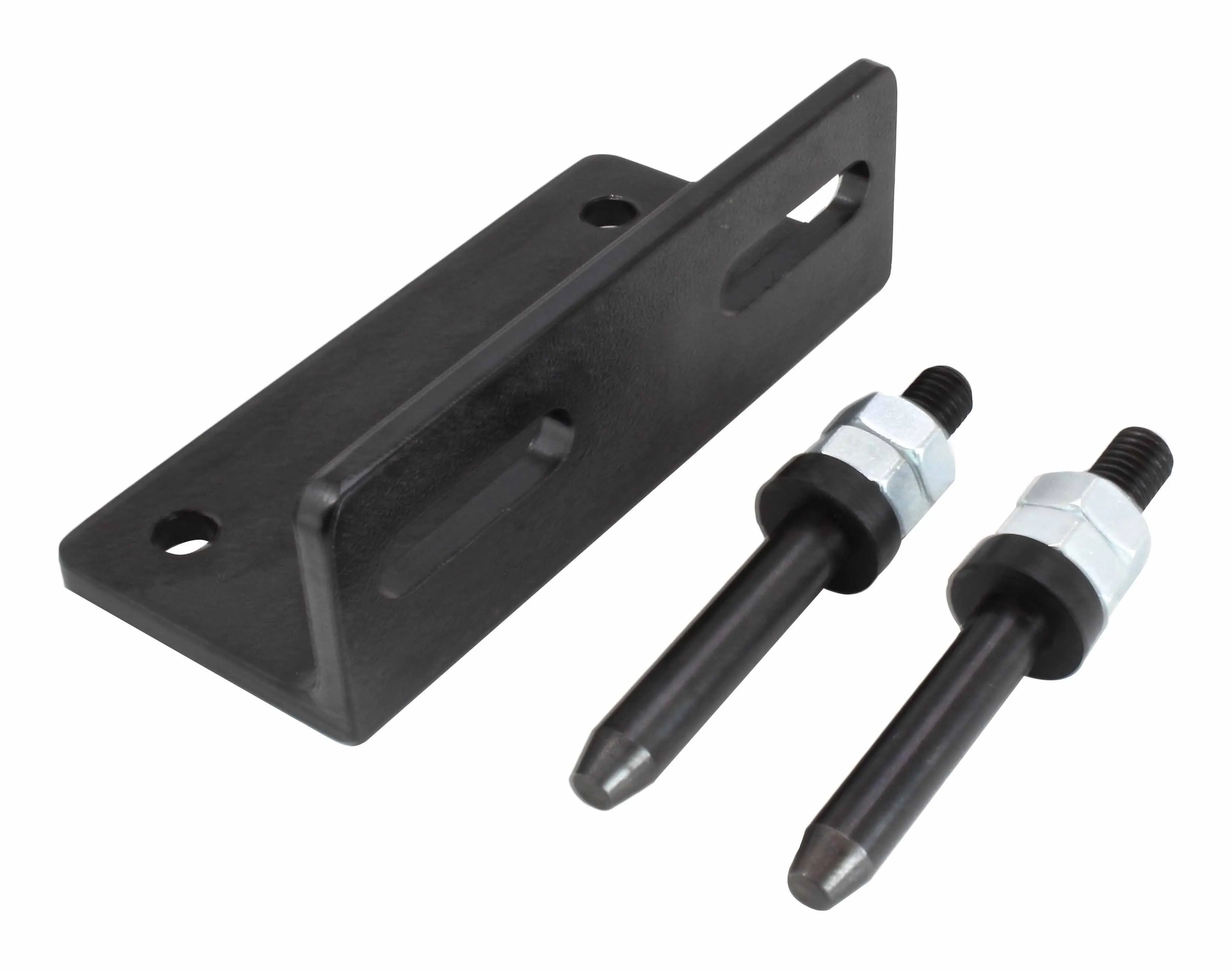 Side perspective of L-bracket with slotted holes and two tapered support pins with nuts and collars