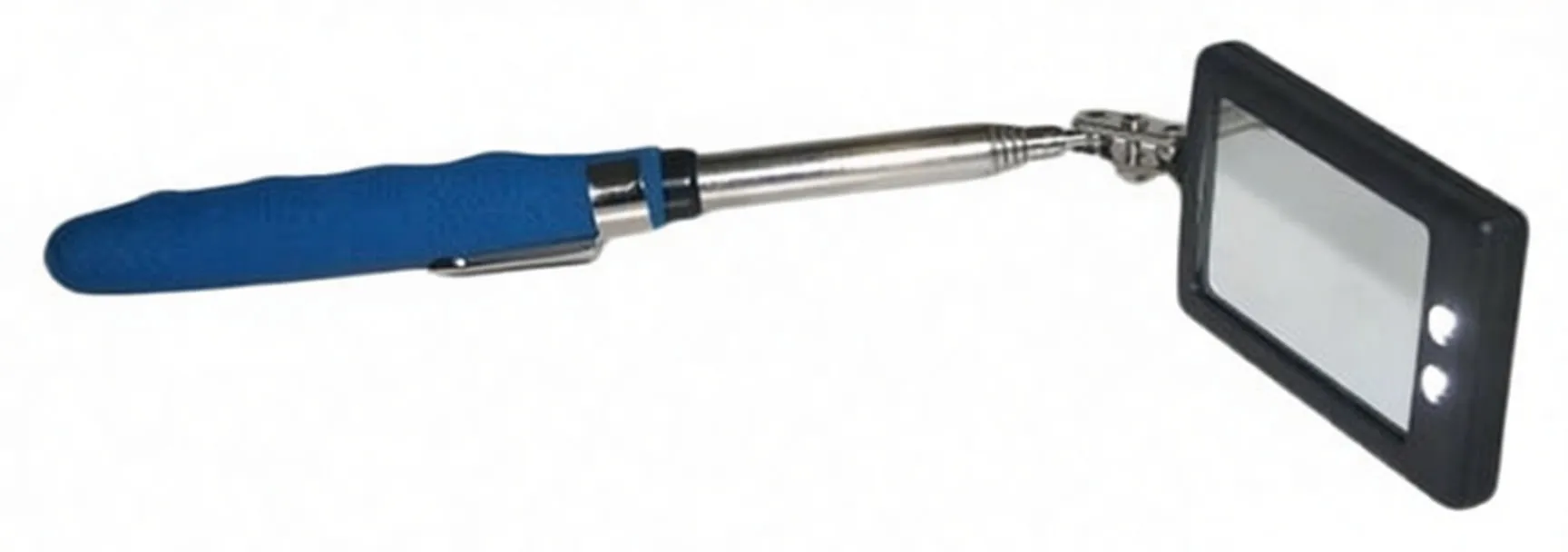 Close-up of rectangular LED mirror head, swivel joint and blue grip handle with 'ASTA A-TIL' marking