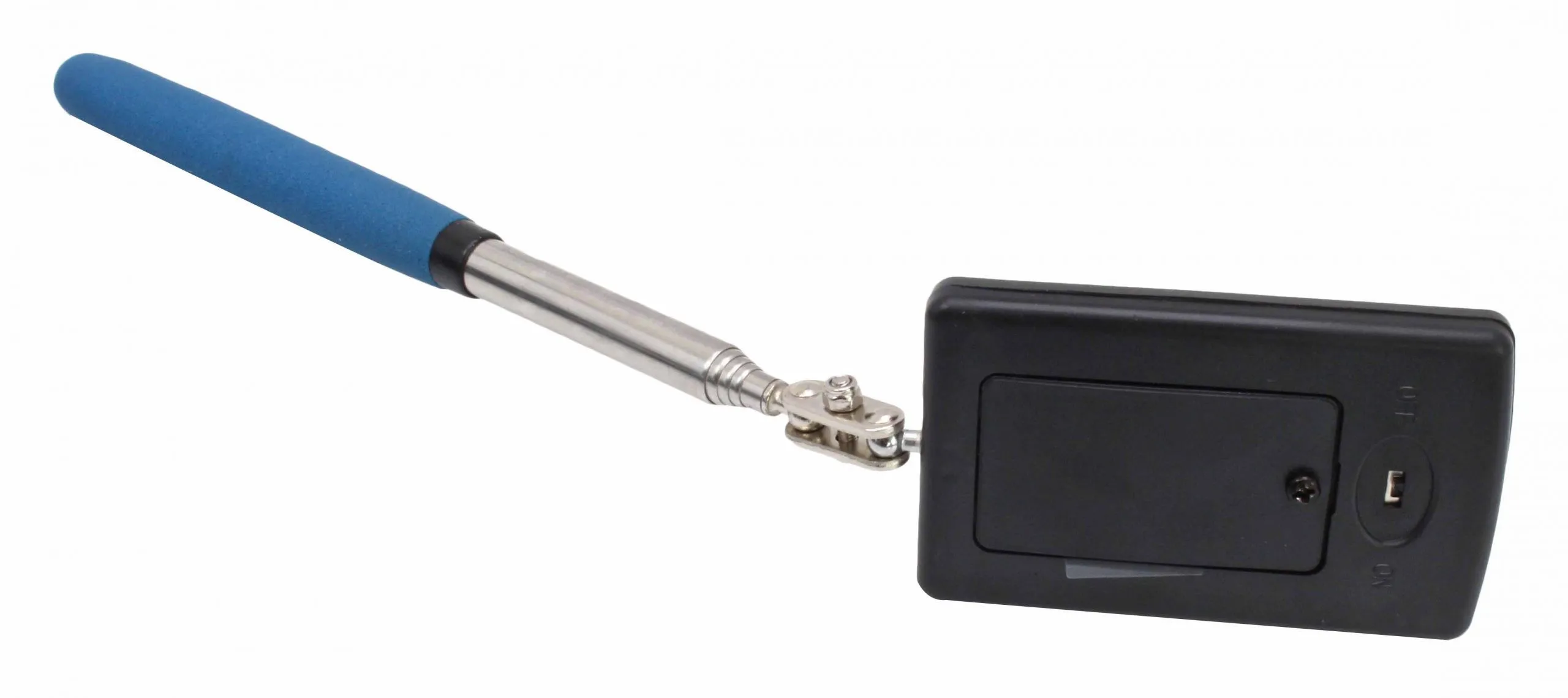 Rear of rectangular mirror showing black plastic back with battery compartment cover, hinge connection to telescopic shaft and blue handle