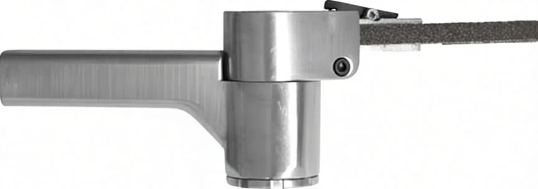 Profile of the belt sander showing belt, cylindrical housing with S logo, pictogram markings and orange direction arrow