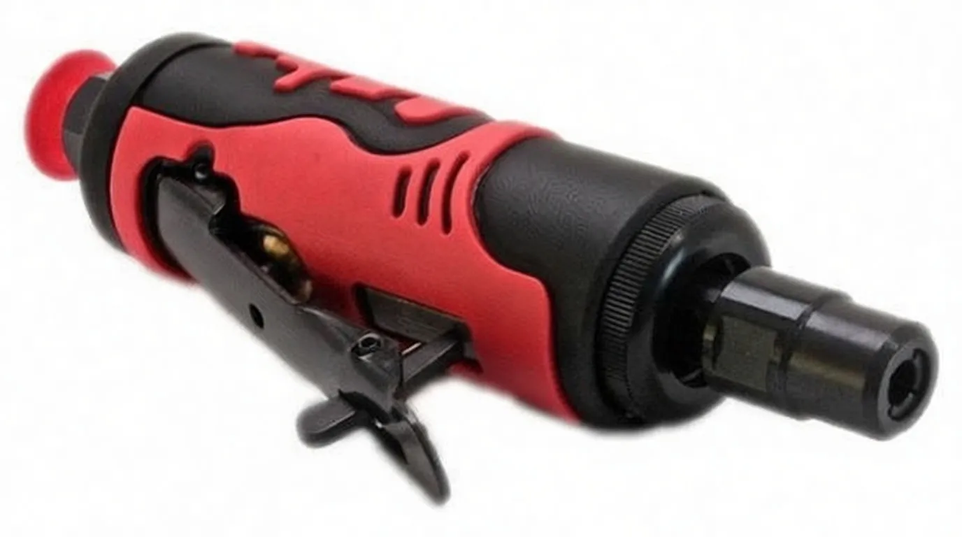 Angled image of die grinder showing metal throttle lever with safety latch, brass mechanism, raised 'S' logo on rear cap, and collet at the front.