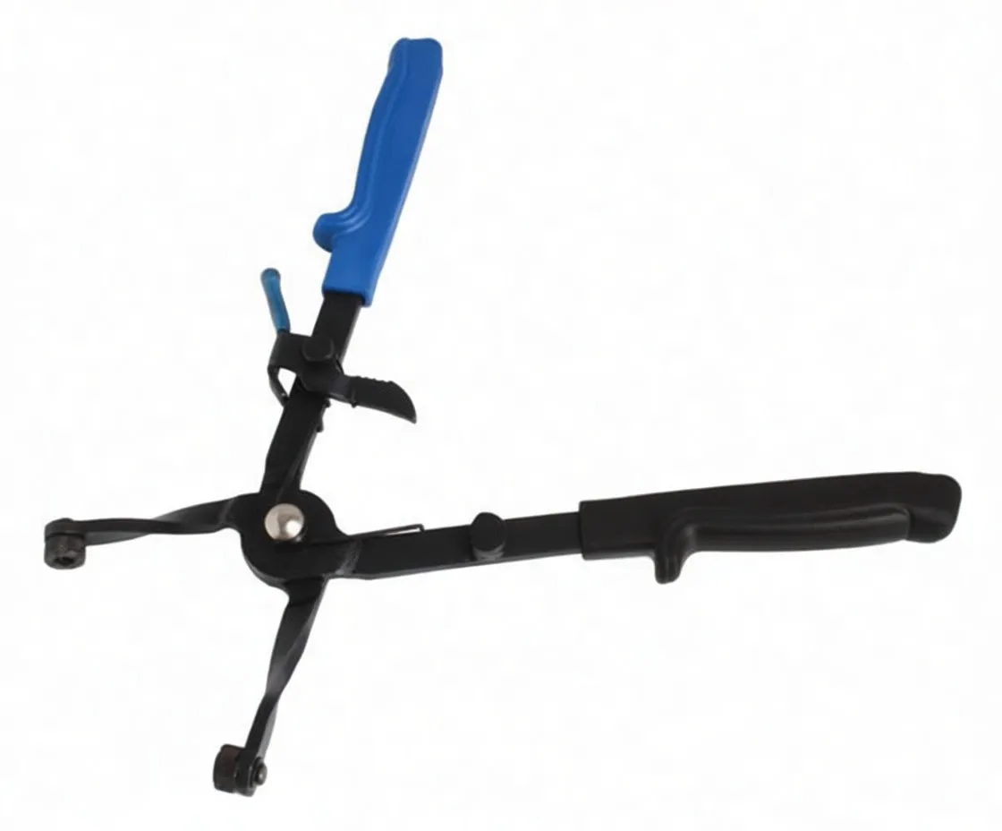 Flat top view of blue-handled self-clamping hose-clip pinchers showing central pivot, three metal arms with round roller tips, a blue lock lever and 'satra' branding.