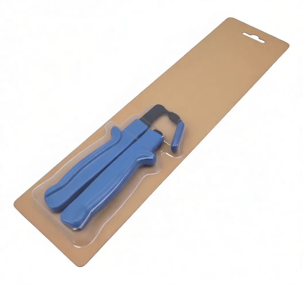 Side profile of open pliers showing blue handles, pivot and forked jaws