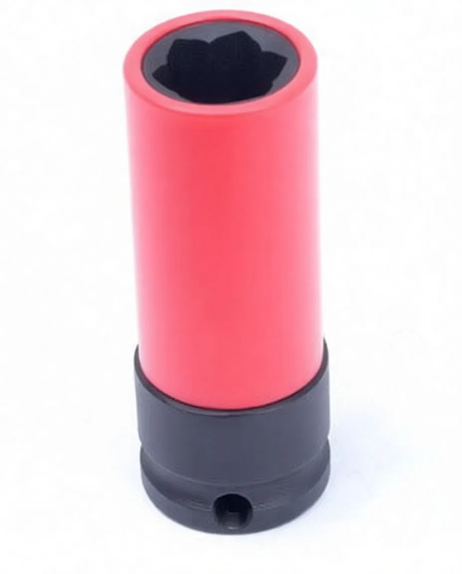 Top-down upright shot of red anti-theft wheel nut socket showing black collar with '17mm' marking and internal spline.