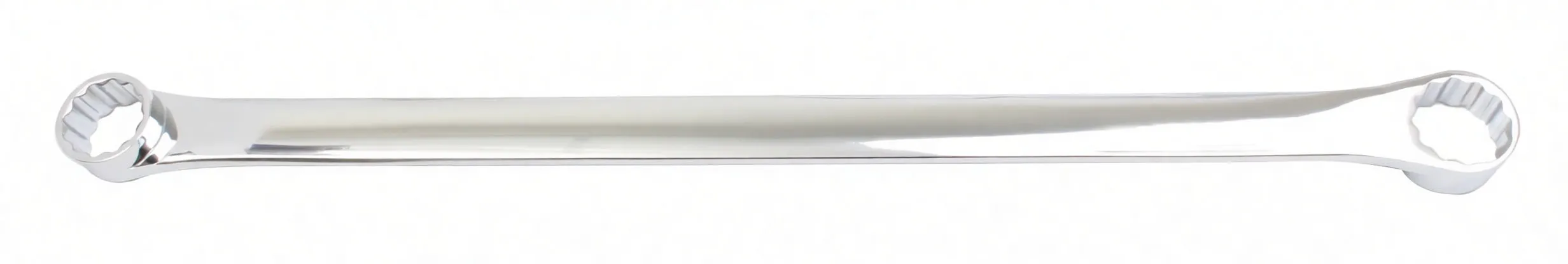 Flat top-down view of long chrome double ring wrench with CHROM MOLYBDENUM stamped on shaft