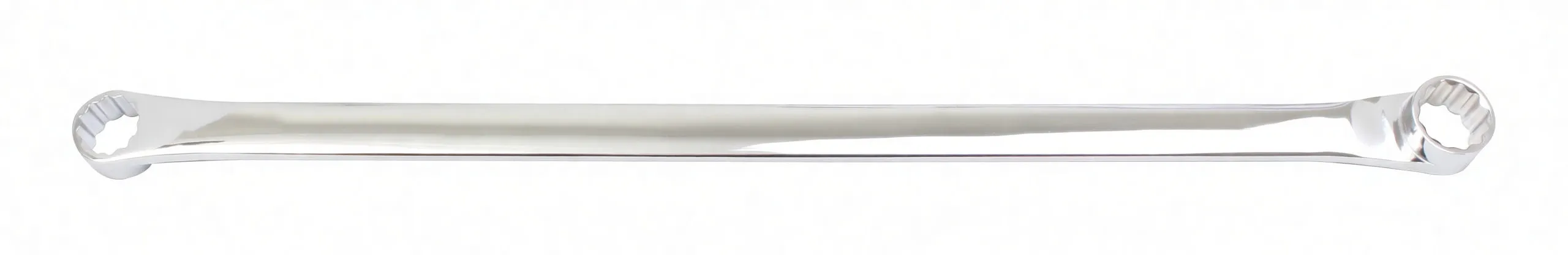 Top view of long chrome double ring wrench with stamped ASTA logo at center
