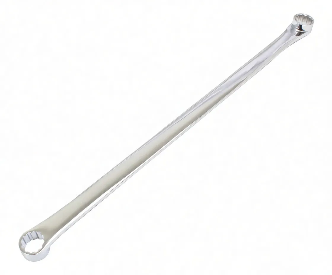 Angled view of chrome long double ring wrench with slim shaft and 12-point offset ring ends, faint markings on handle