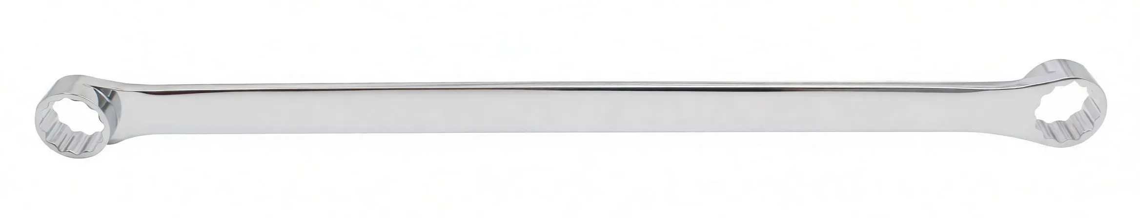 Top-down image of a long chrome double ring wrench with 'CHROM MOLYBDENUM' stamped on the shaft and 12-point box ends