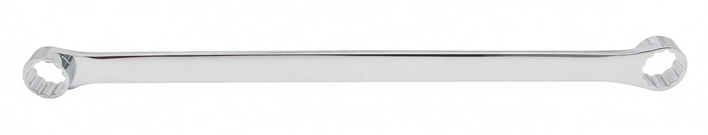 Full-length front view of a polished chrome long double ring wrench with stamped 'CHROM MOLYBDENUM' and 12-point closed ends