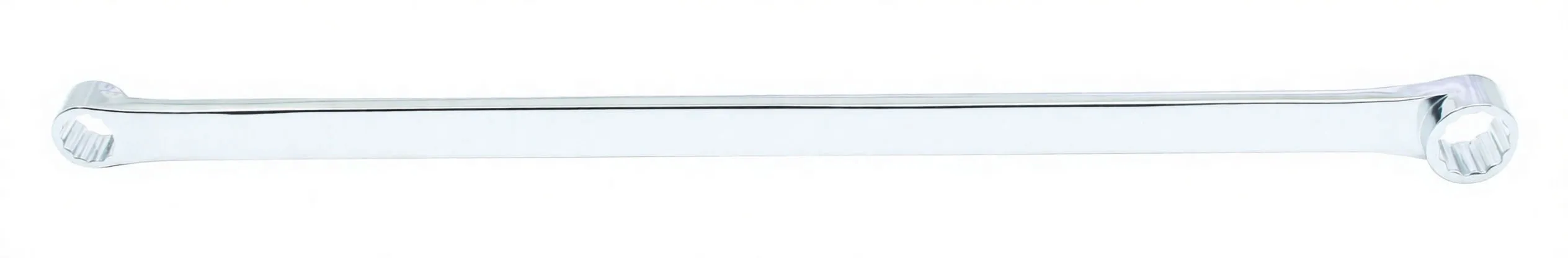 Long chrome double ring wrench laid flat showing embossed central marking and 12-point box ends