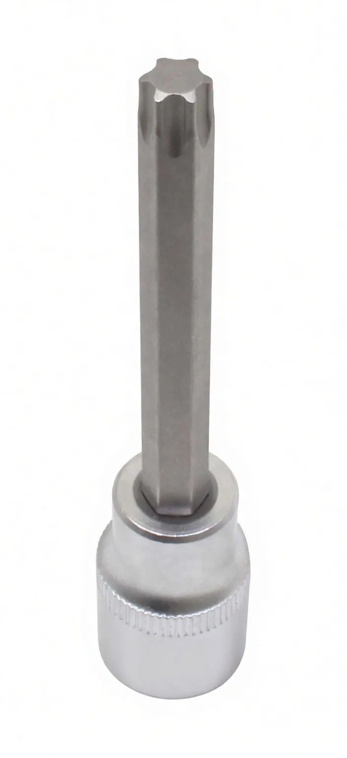 End-on view of the Torx star tip and long flat-sided shaft with knurled socket base