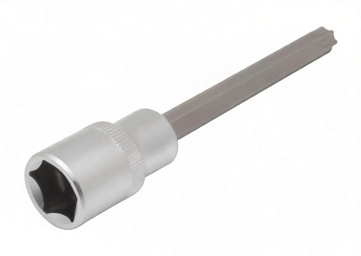 Low-angle shot of chrome 1/2" socket showing internal square drive and long Torx shaft