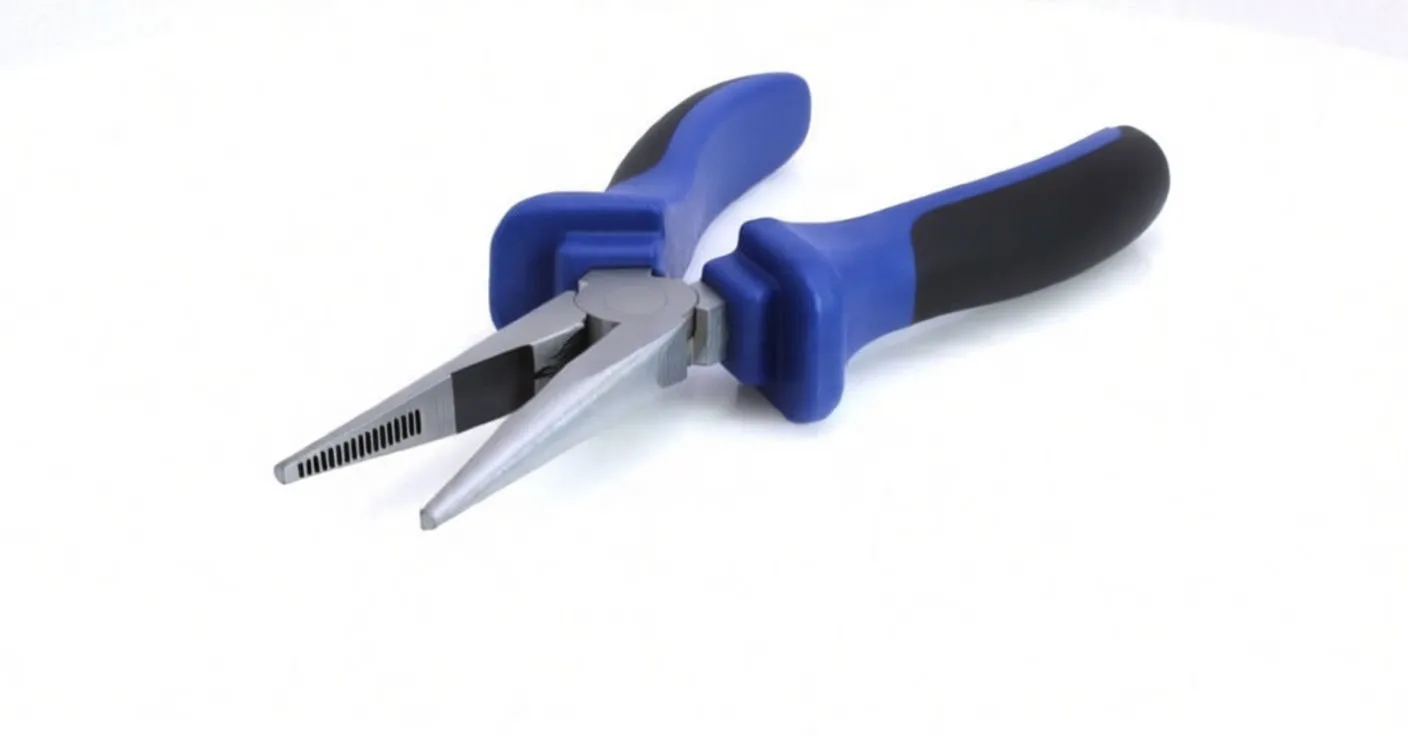 Three-quarter view of long nose plier showing serrated jaws, pivot and blue-black handles