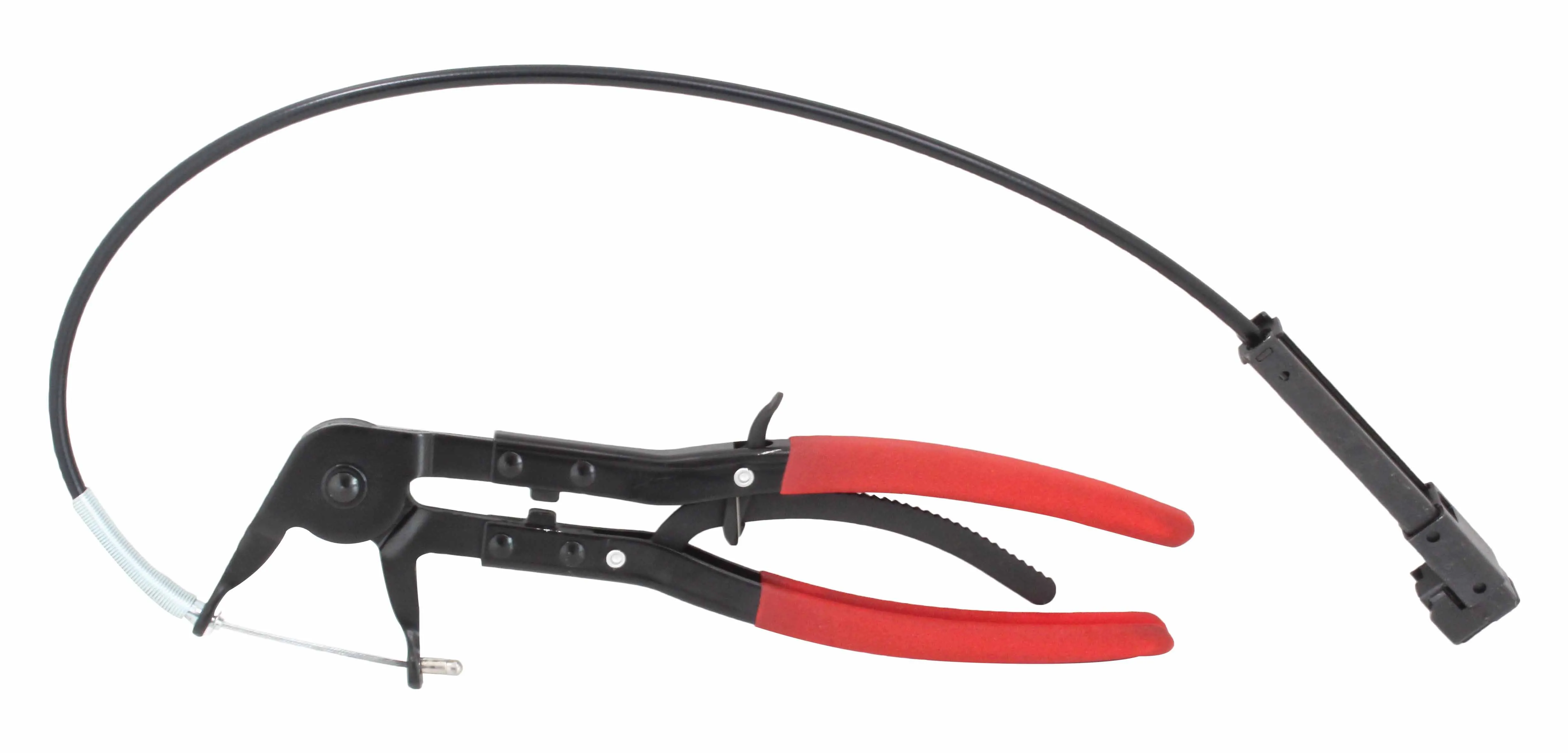 Side view of hose clip pliers with red handles, black jaws and curved cable ending in a black plastic actuator.