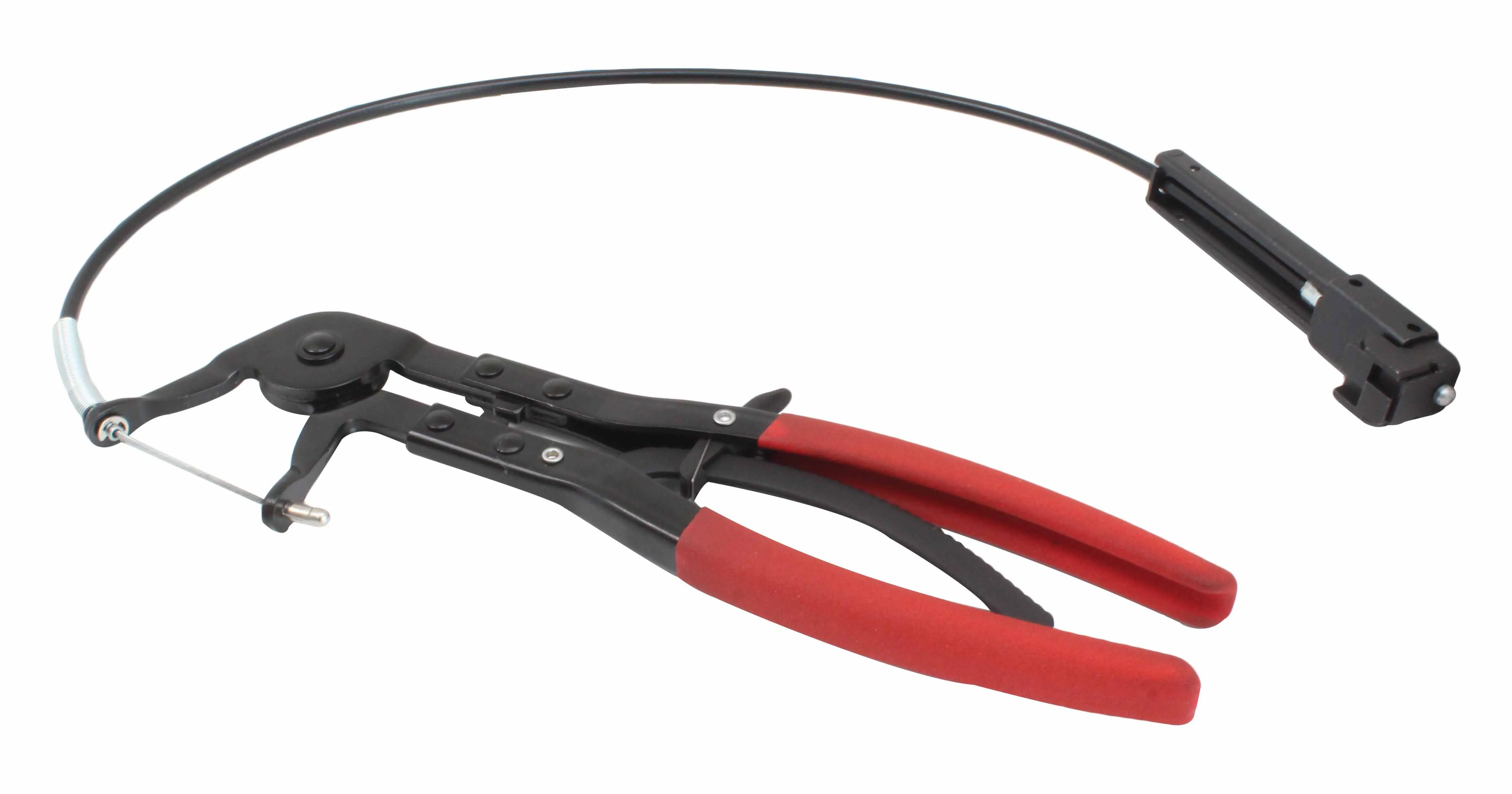 Angled view of hose-clip pliers laid flat, showing pivot, serrated release lever, red grips and long black cable to a plastic actuator.