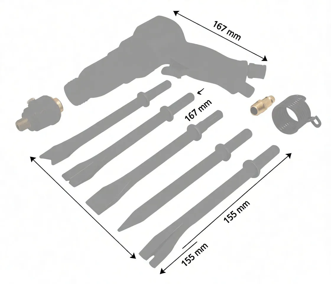 Grey silhouette diagram of air hammer with measurements 167 mm and 155 mm