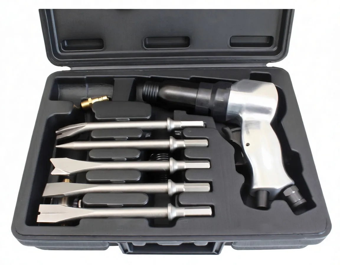 Close overhead of silver air hammer with logo and five chisels in foam case