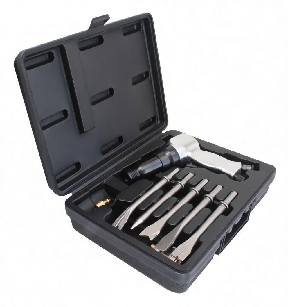 Angled view of air hammer kit in molded case with chisels and brass fitting